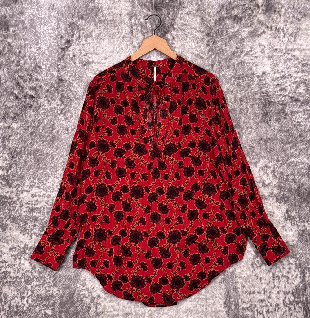 Free People Top Medium Womens Mia Tunic Red Floral Tie Neck Long Sleeve